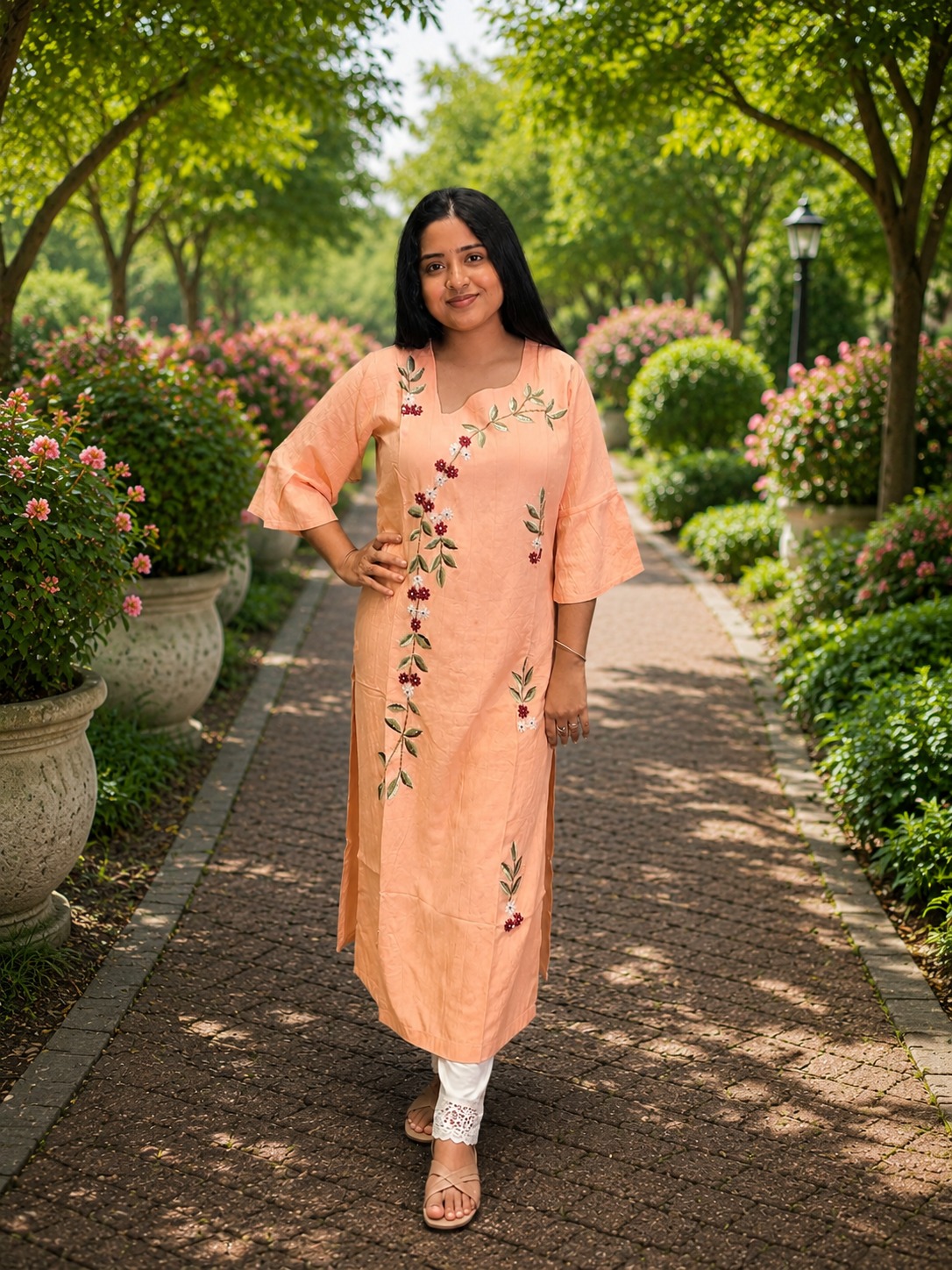 Peach Blossom Embroidered Rayon Kurti